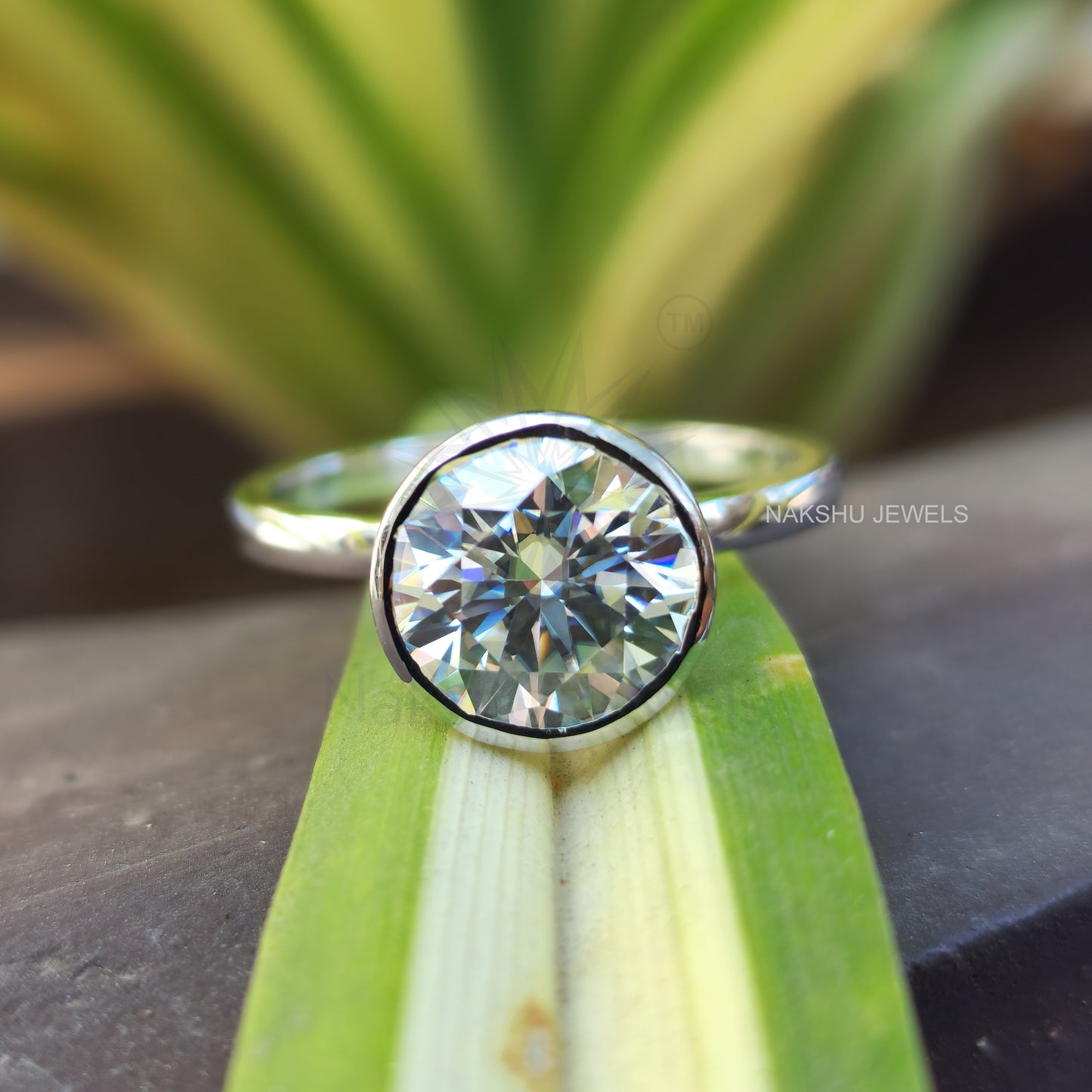 Round Cut Moissanite Bezel Set Solitaire Engagement Bridal Ring Set