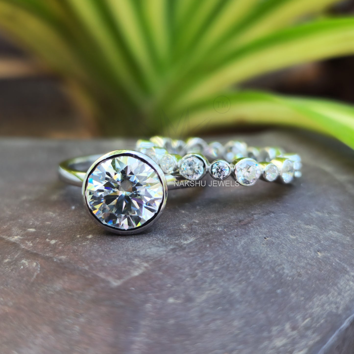 Round Cut Moissanite Bezel Set Solitaire Engagement Bridal Ring Set