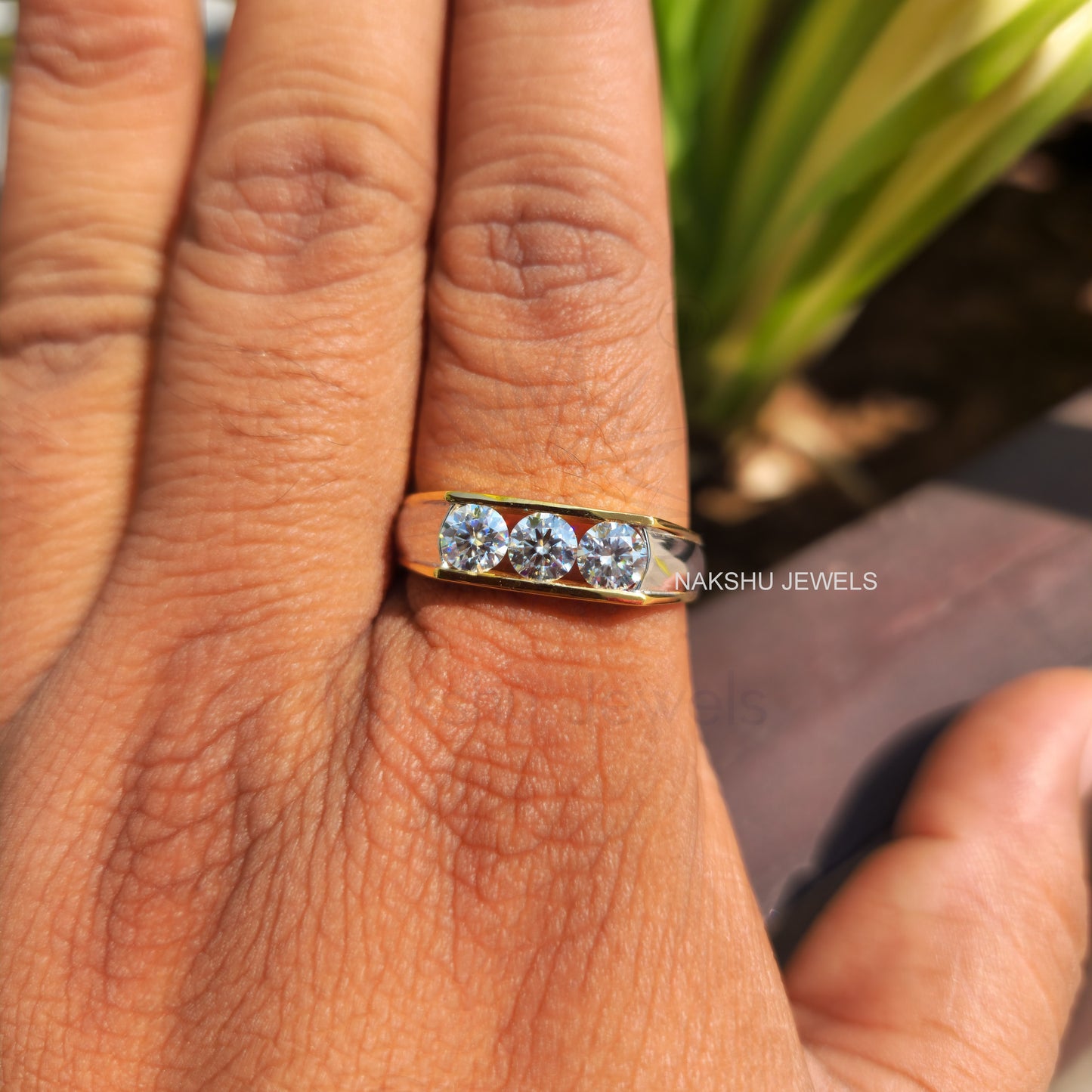 Round Cut Moissanite Men's Three Stone Engagement Ring