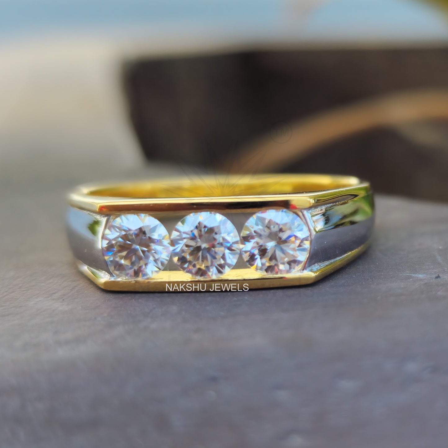Round Cut Moissanite Men's Three Stone Engagement Ring