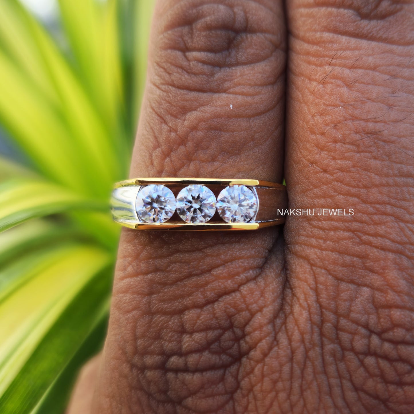 Round Cut Moissanite Men's Three Stone Engagement Ring
