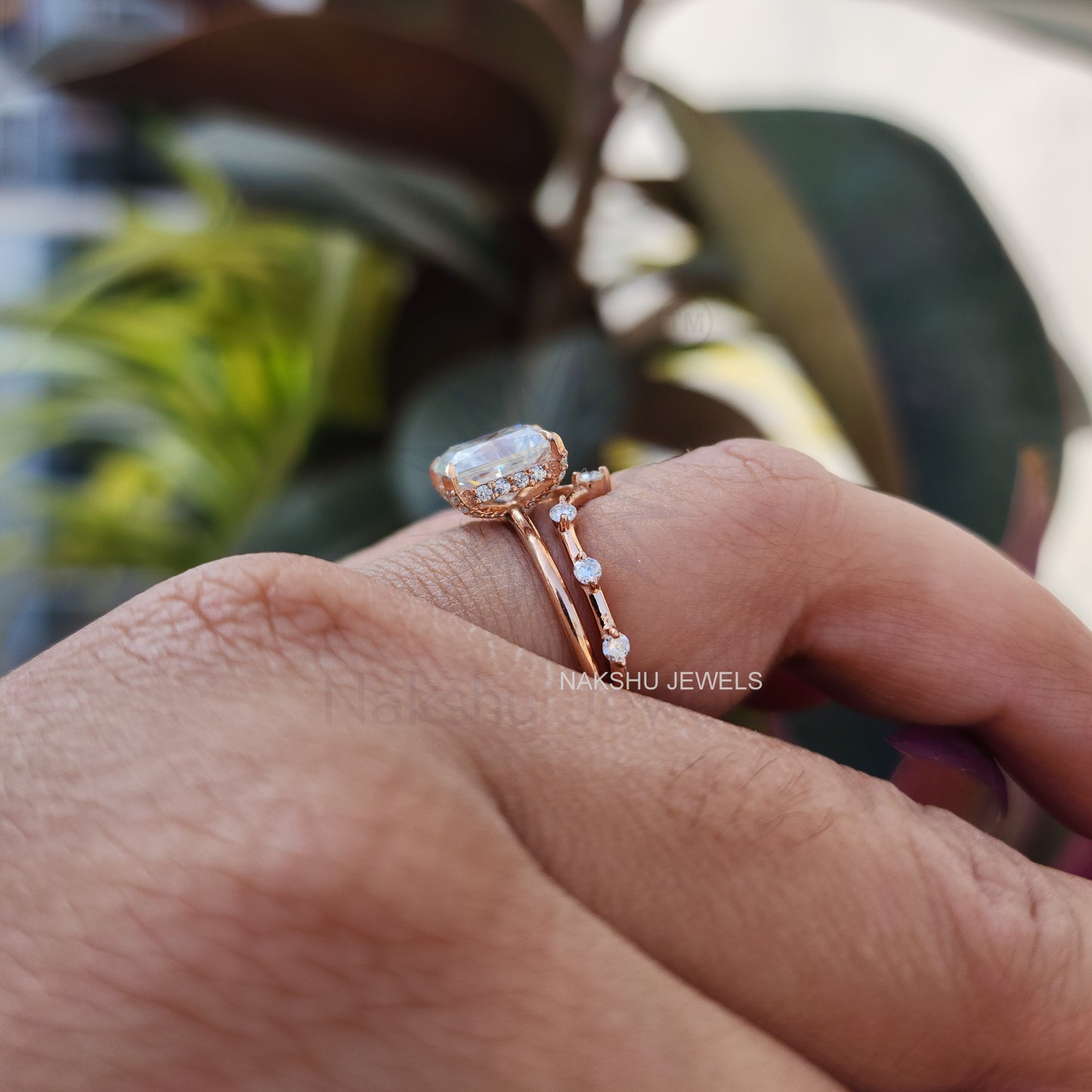 Radiant Cut Moissanite Bridal Set With Curved Band