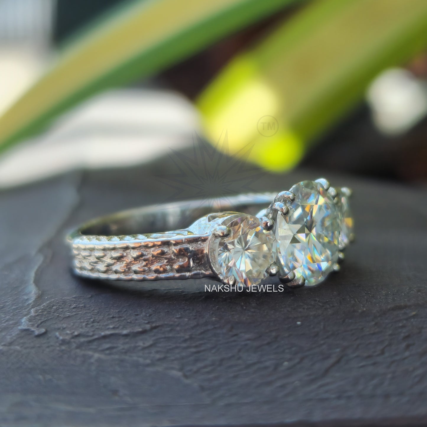 Art Deco Round Cut Moissanite Three Stone Engagement Ring