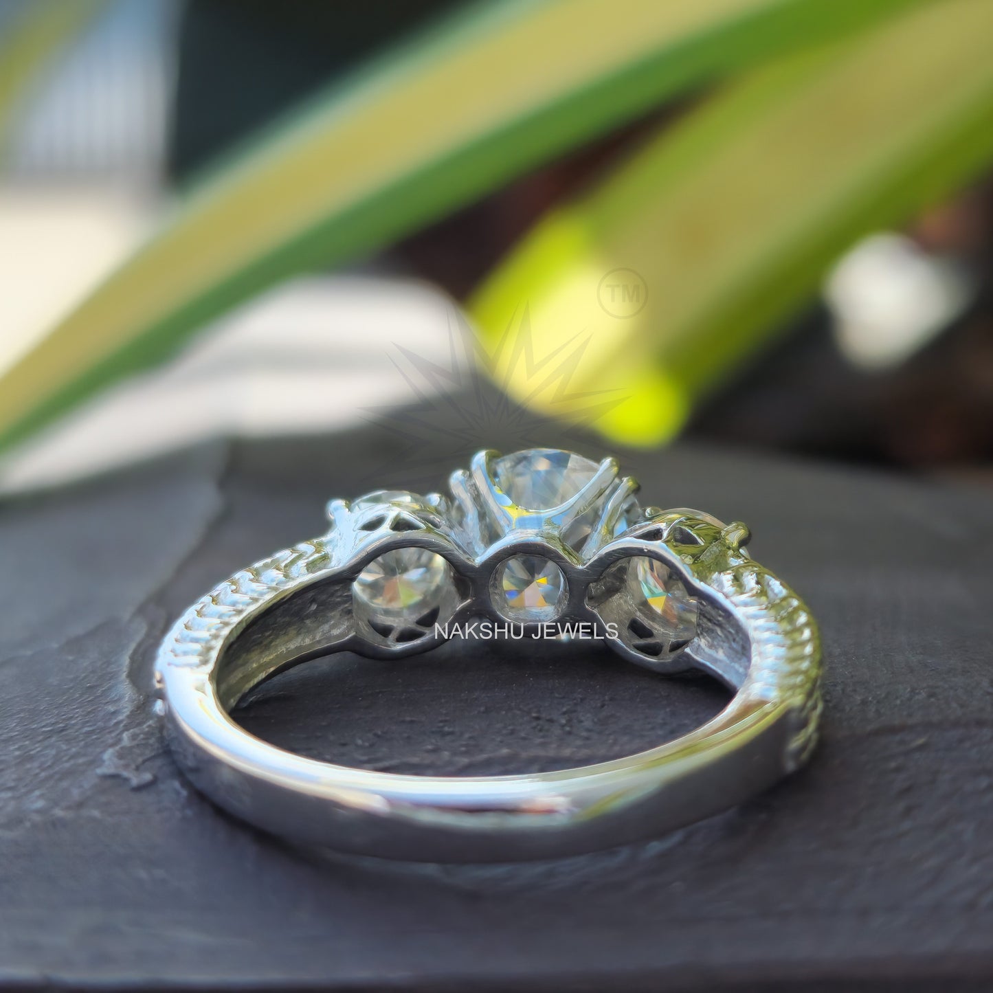 Art Deco Round Cut Moissanite Three Stone Engagement Ring