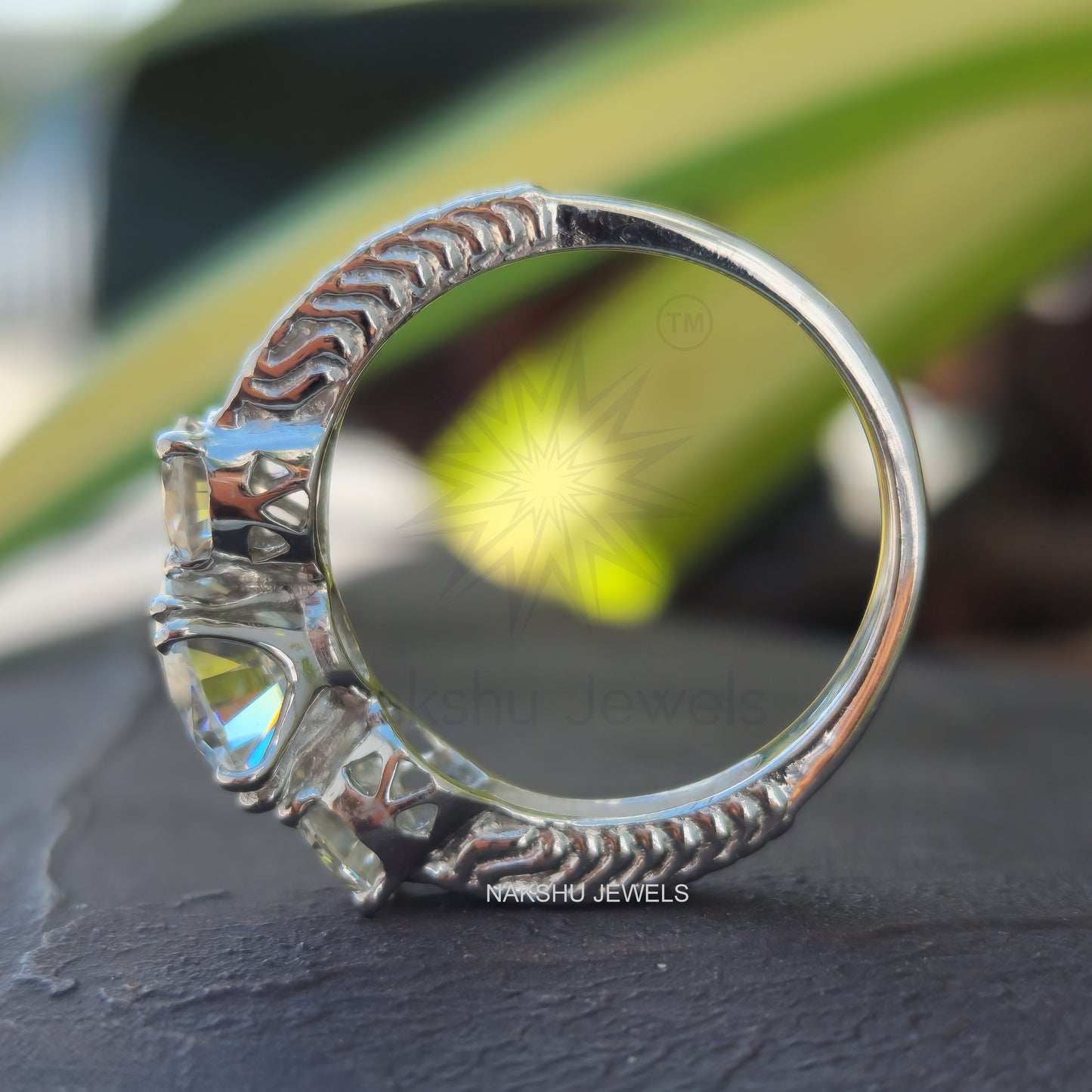 Art Deco Round Cut Moissanite Three Stone Engagement Ring