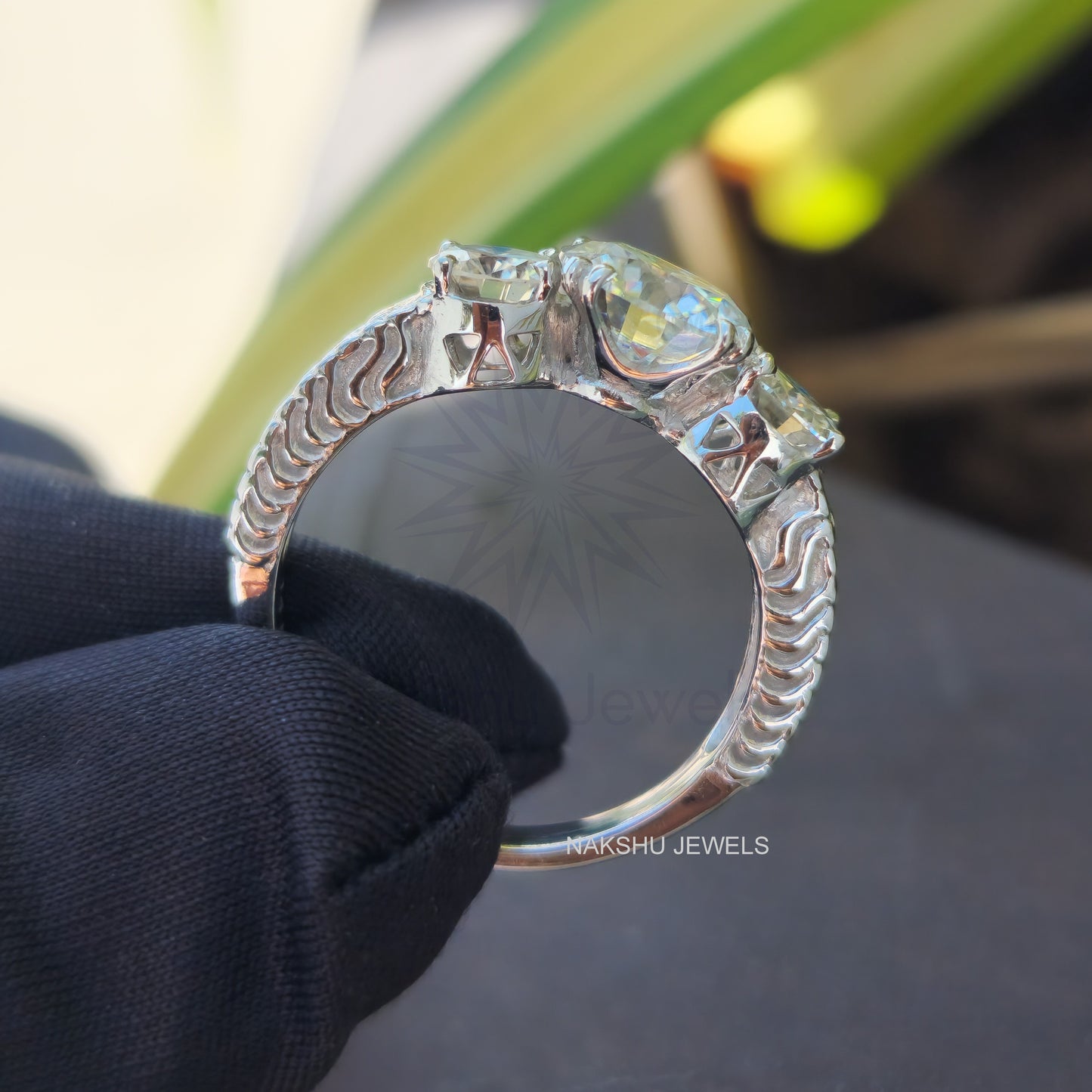 Art Deco Round Cut Moissanite Three Stone Engagement Ring