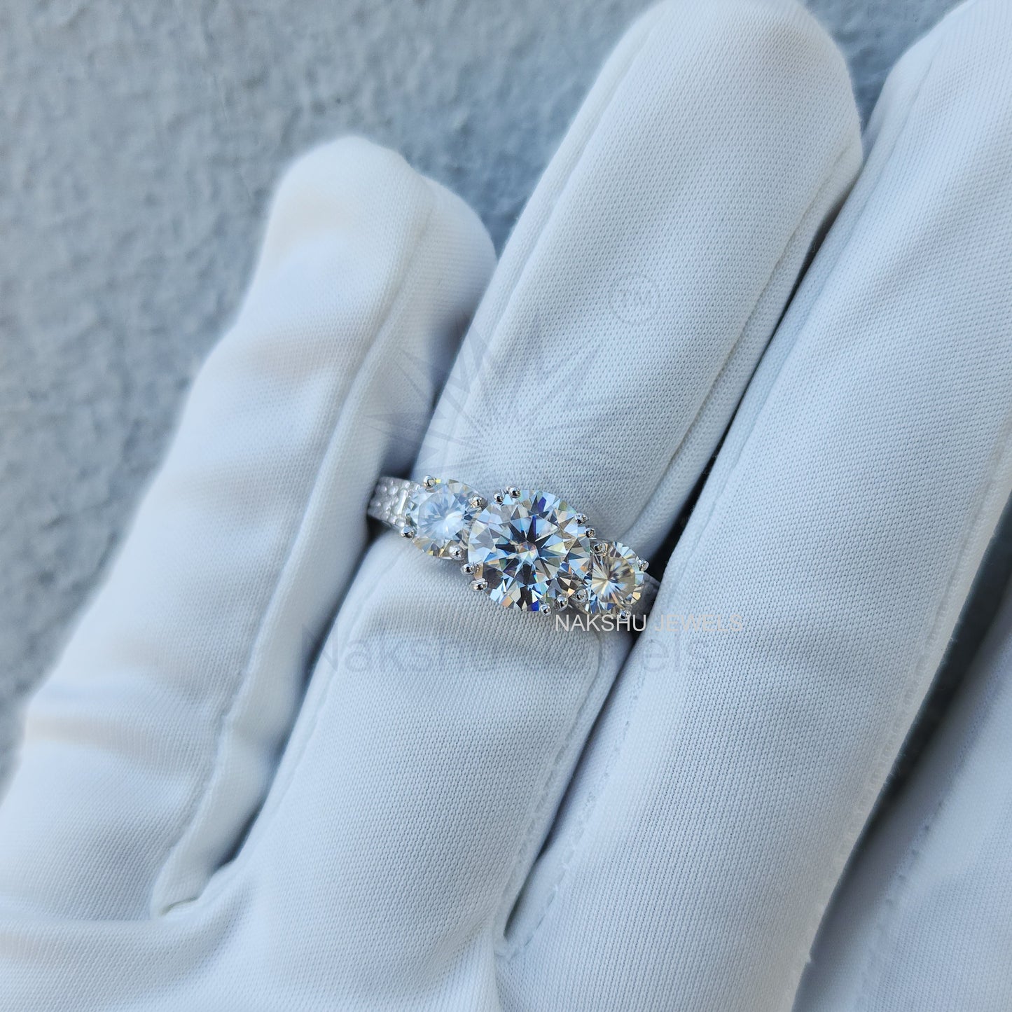 Art Deco Round Cut Moissanite Three Stone Engagement Ring