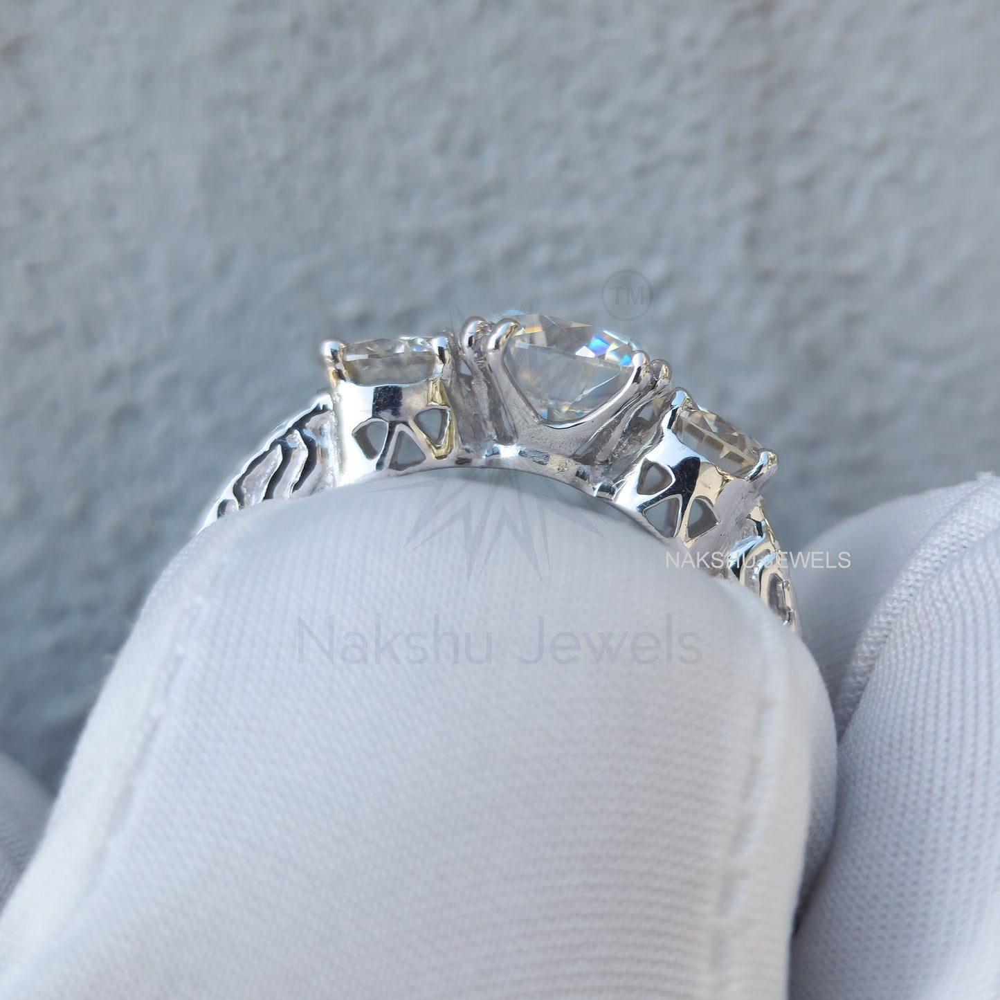 Art Deco Round Cut Moissanite Three Stone Engagement Ring