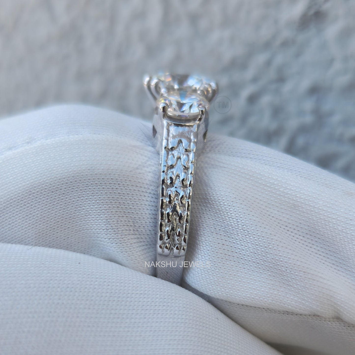 Art Deco Round Cut Moissanite Three Stone Engagement Ring