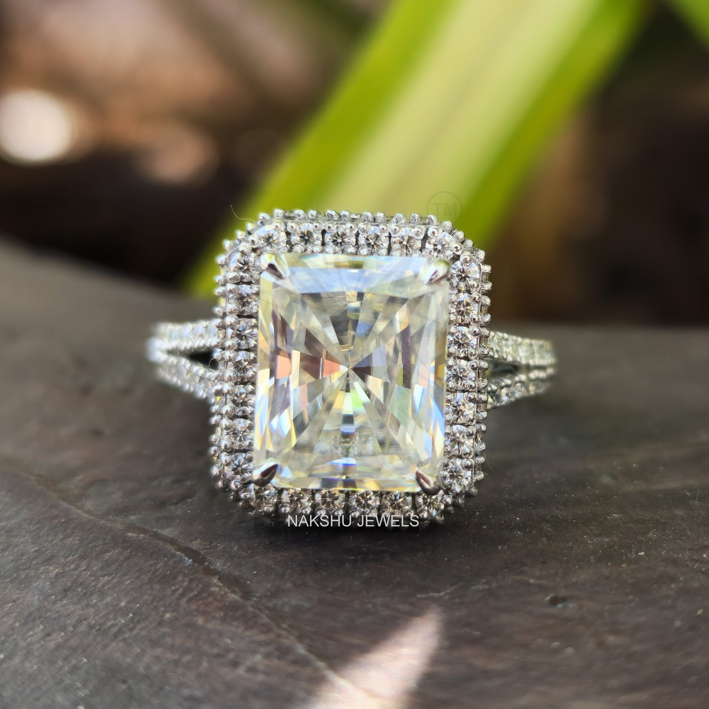 Split Shank Radiant Cut Moissanite Halo Bridal Set