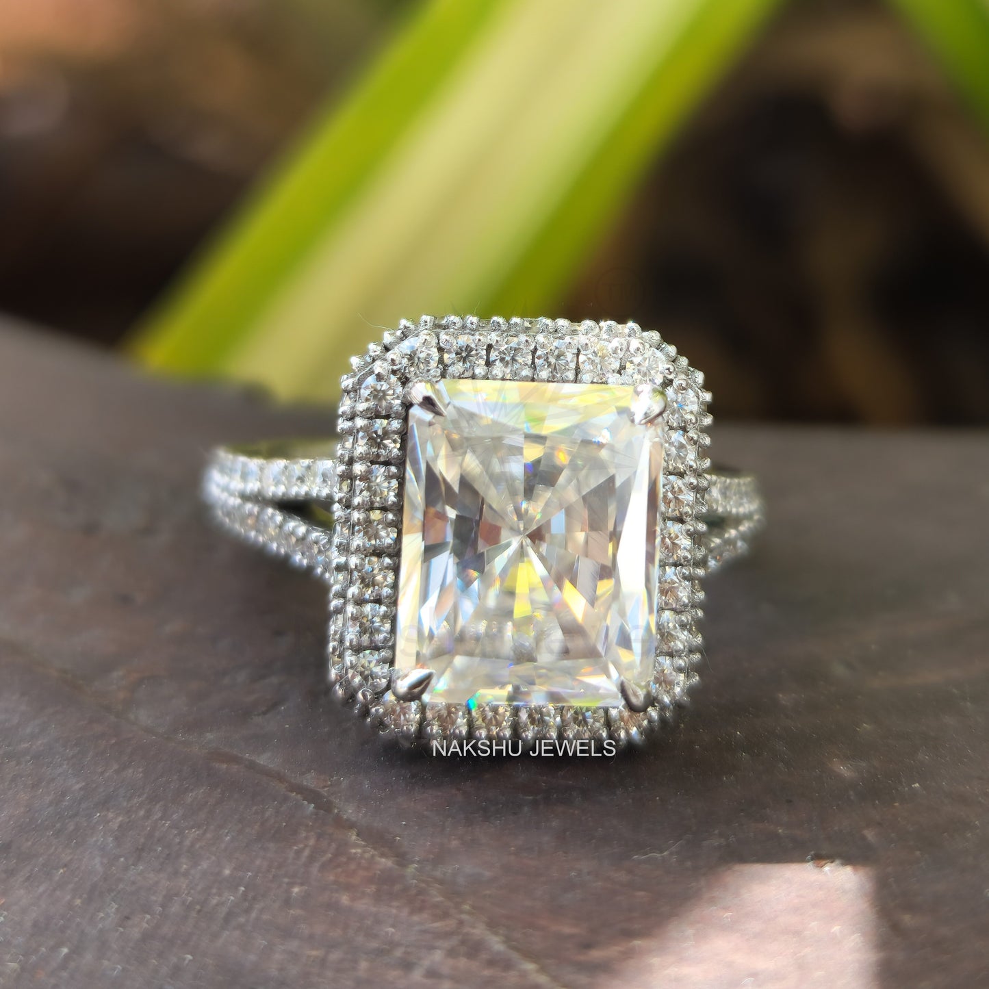 Radiant Cut Moissanite Engagement Bridal Set Ring, Split Shank Halo Ring Set