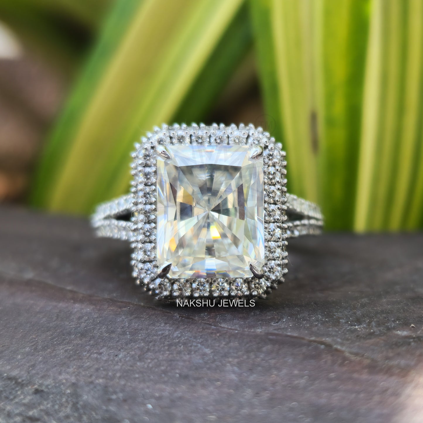 Radiant Cut Moissanite Engagement Bridal Set Ring, Split Shank Halo Ring Set