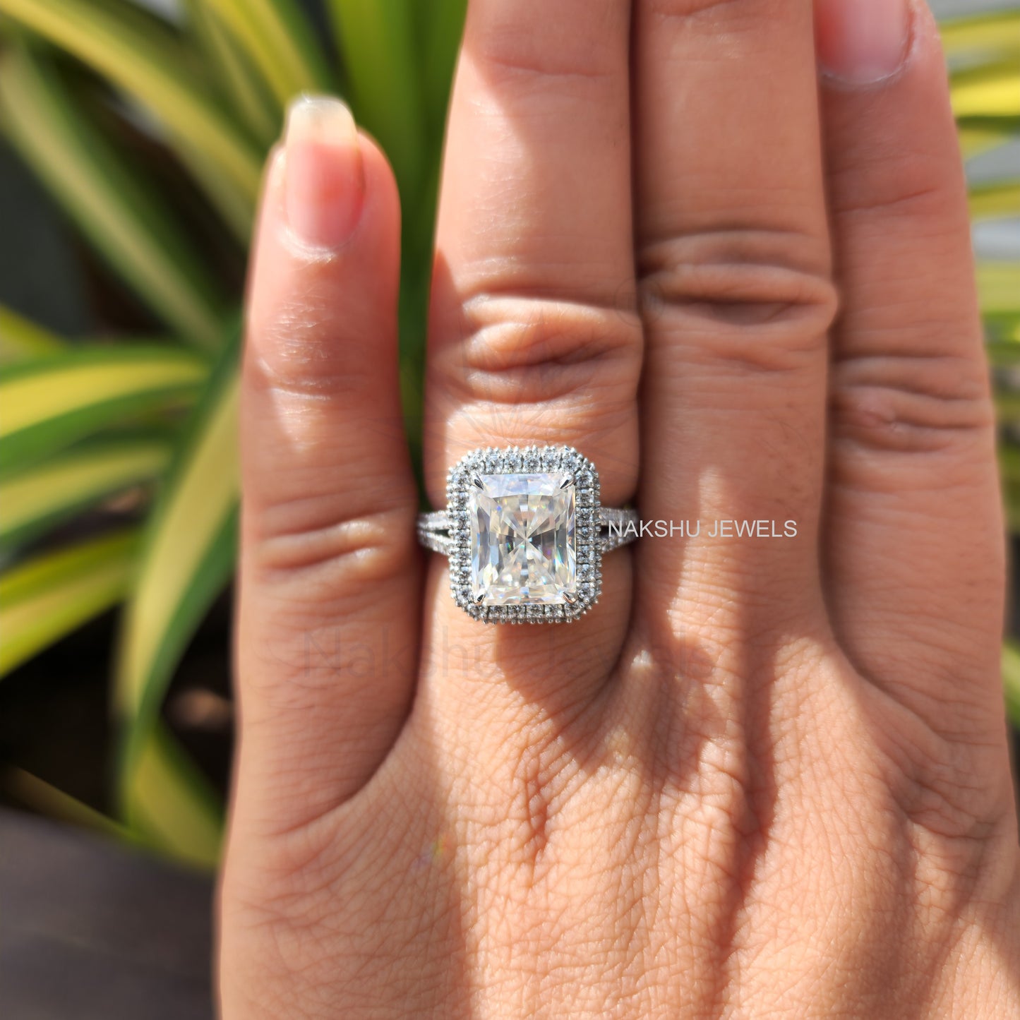 Split Shank Radiant Cut Moissanite Halo Bridal Set