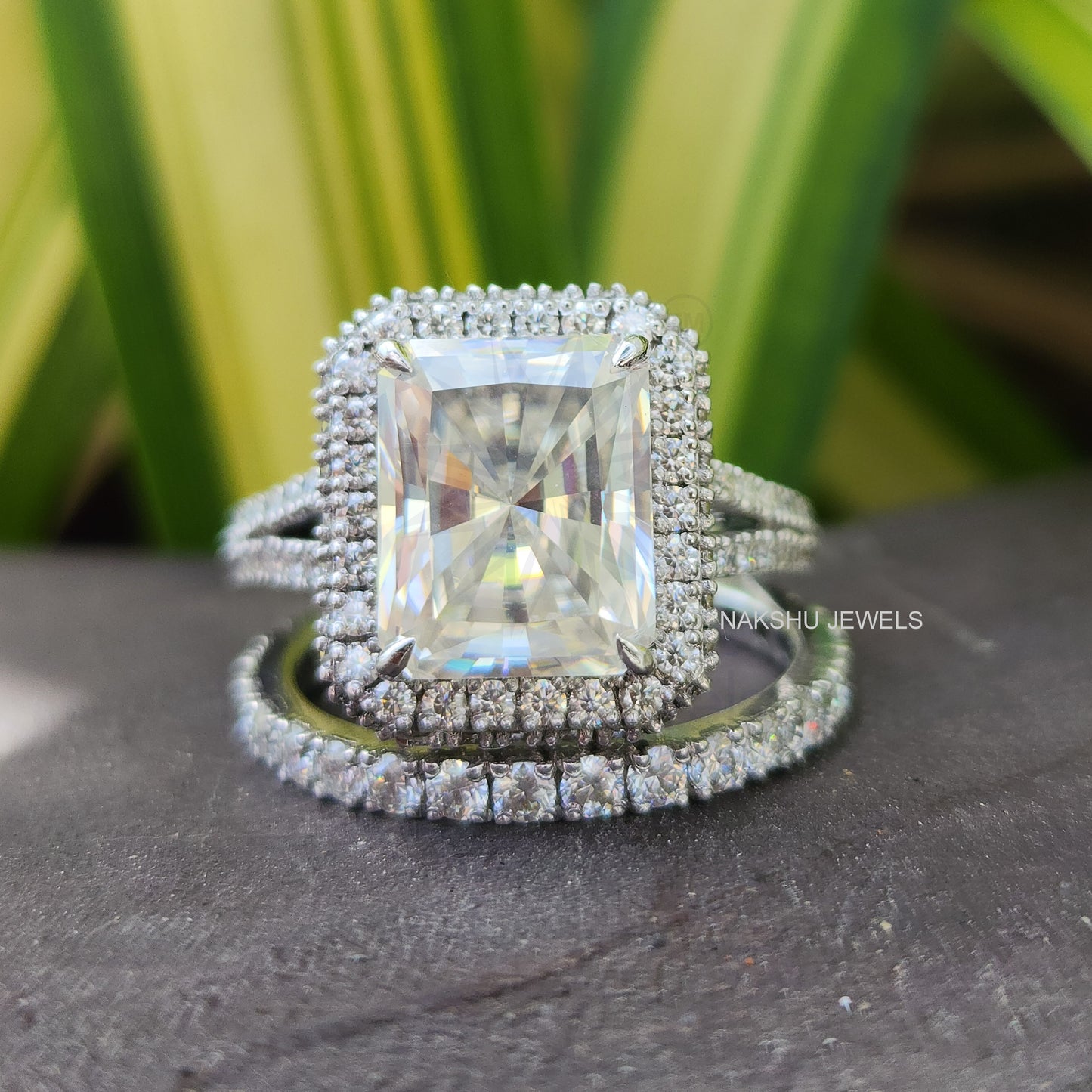 Split Shank Radiant Cut Moissanite Halo Bridal Set
