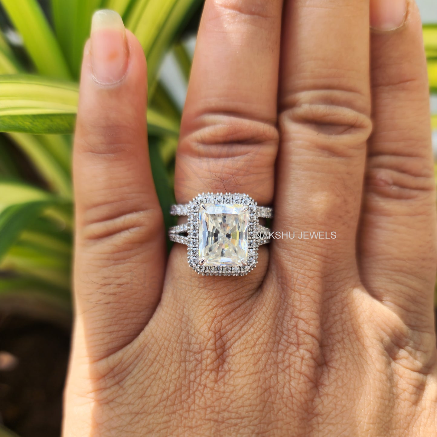 Radiant Cut Moissanite Engagement Bridal Set Ring, Split Shank Halo Ring Set