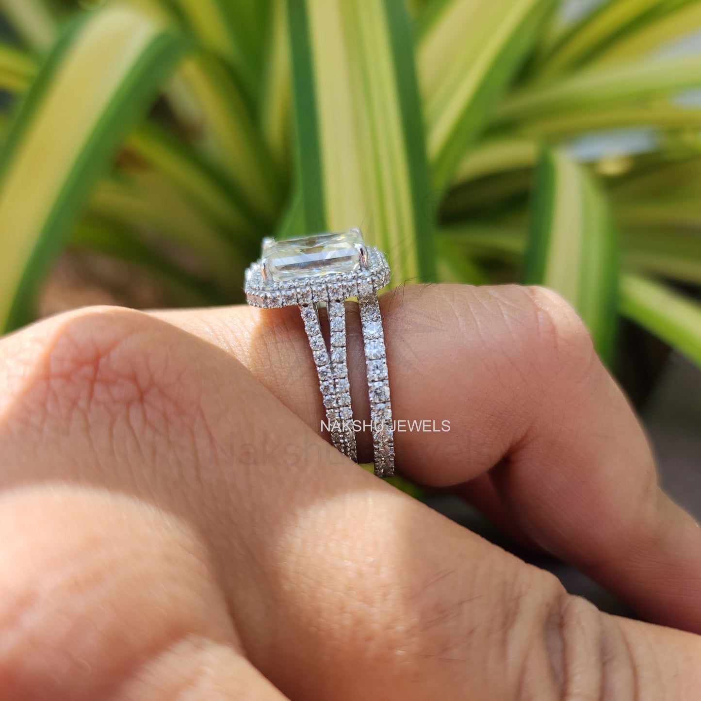 Radiant Cut Moissanite Engagement Bridal Set Ring, Split Shank Halo Ring Set