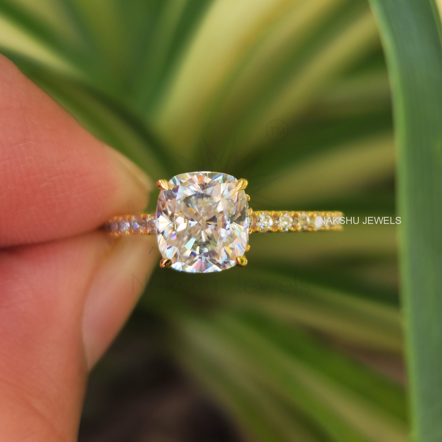 Cushion Brilliant Cut Moissanite Hidden Halo Pave Engagement