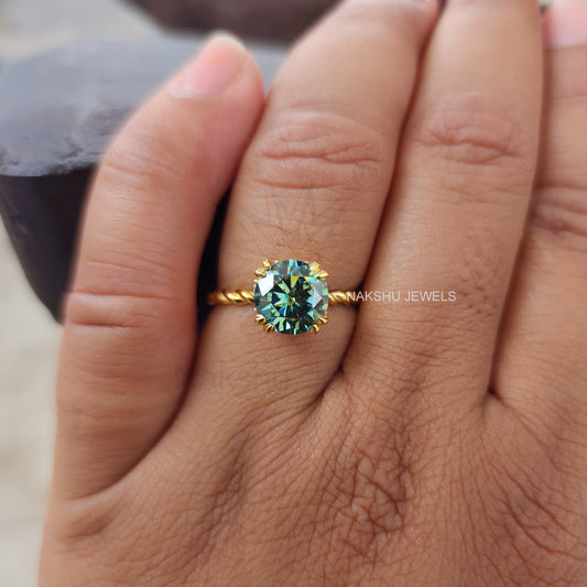 2CT Round Cut Cyan Blue Moissanite Twisted Hidden Halo Solitaire Engagement Ring