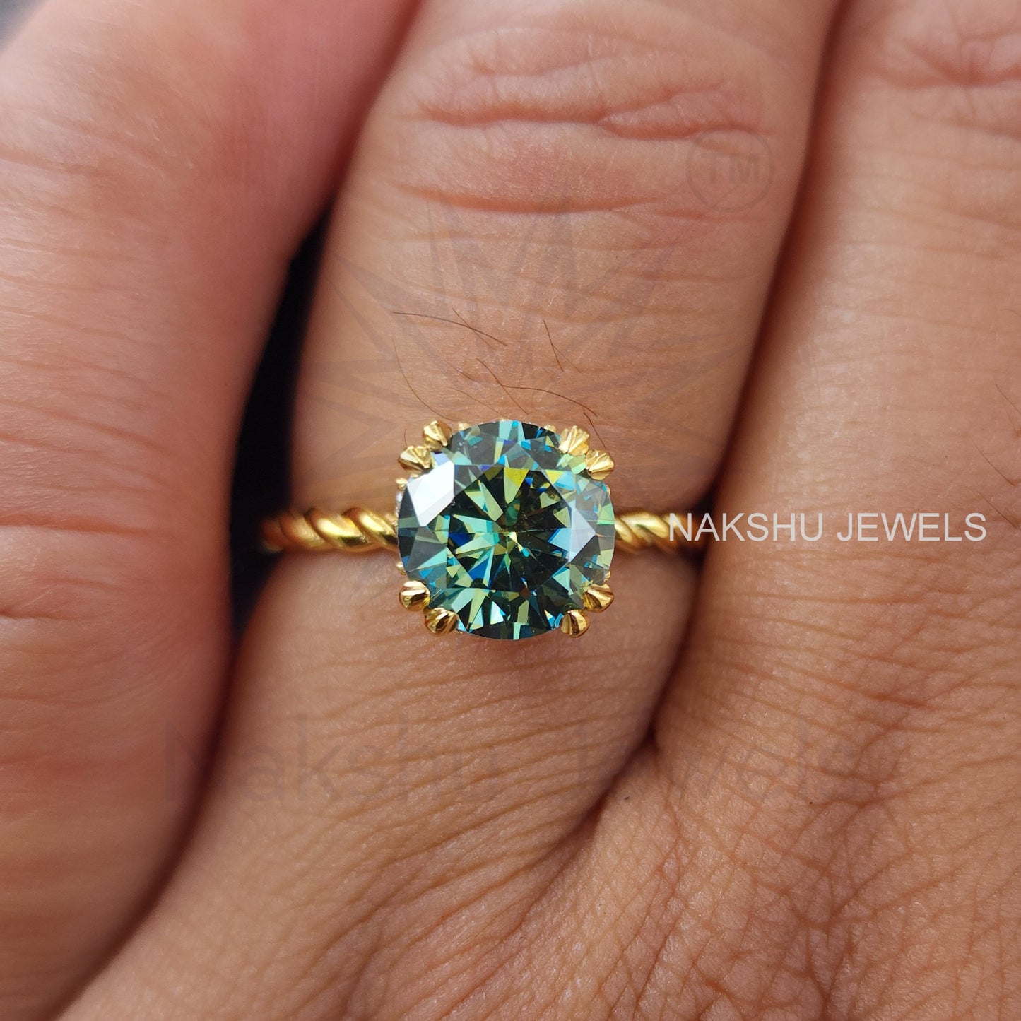 Cyan Blue Round Moissanite Twisted Solitaire Engagement Ring