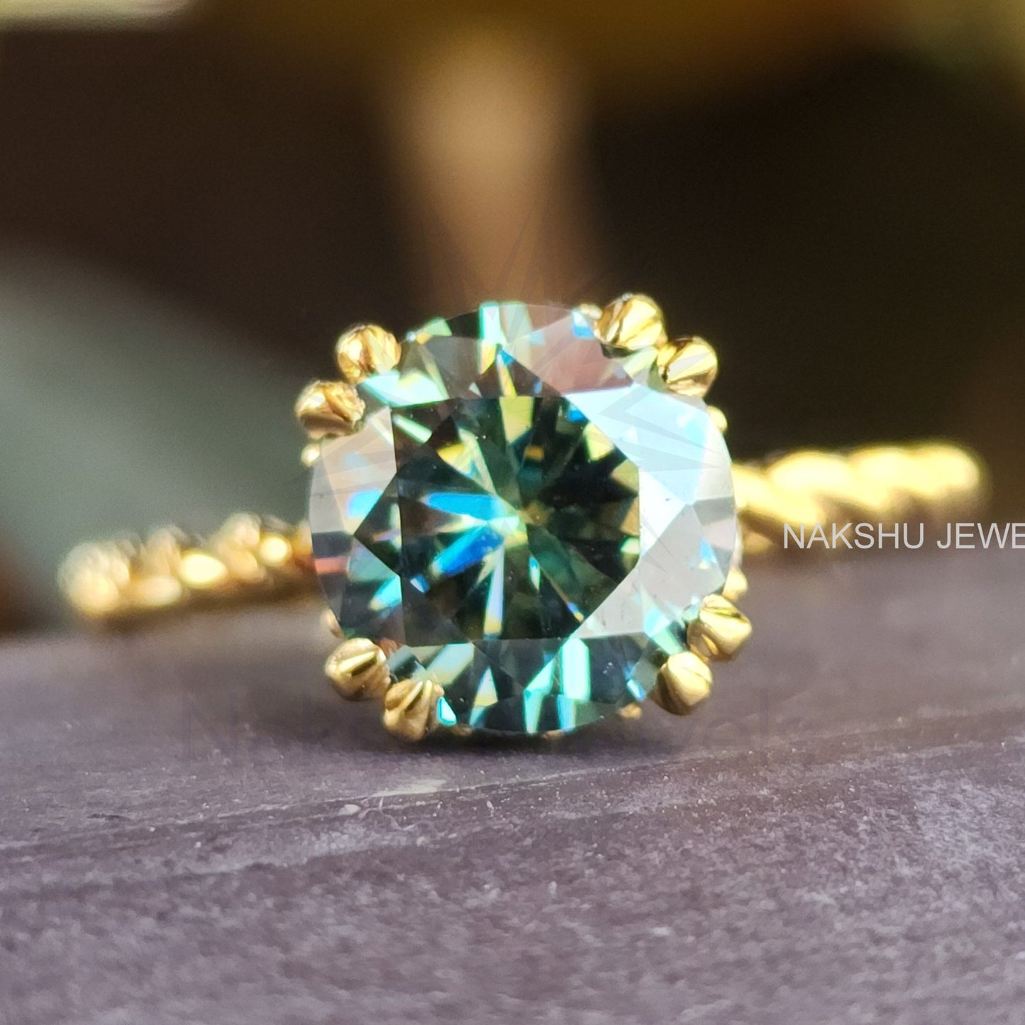 Cyan Blue Round Moissanite Twisted Solitaire Engagement Ring