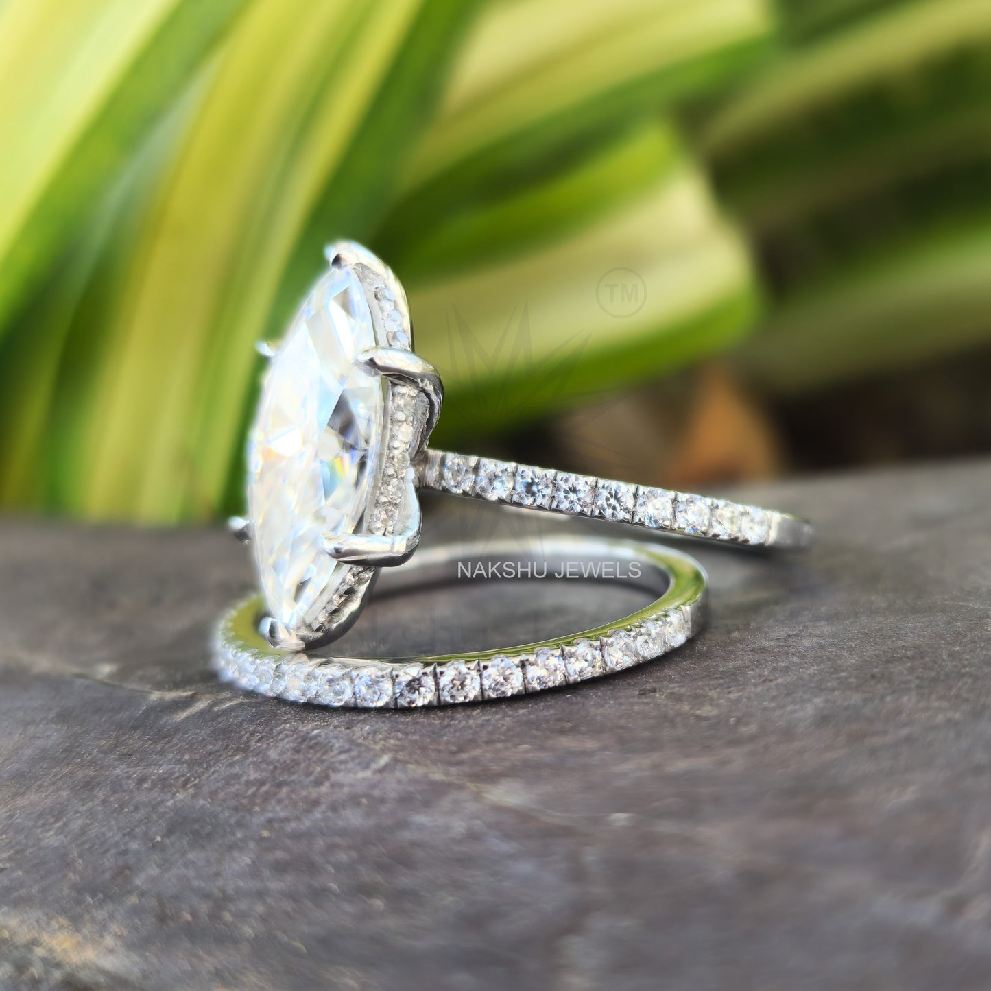 Marquise Cut Moissanite Hidden Halo Bridal Set