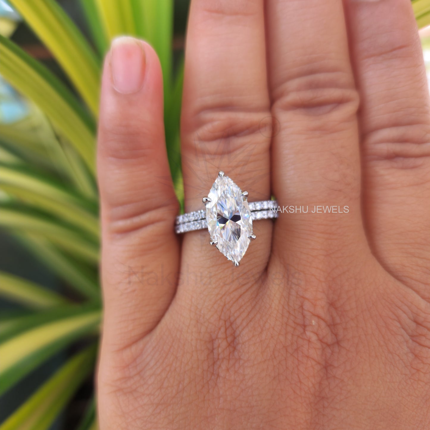 Marquise Cut Moissanite Hidden Halo Bridal Set