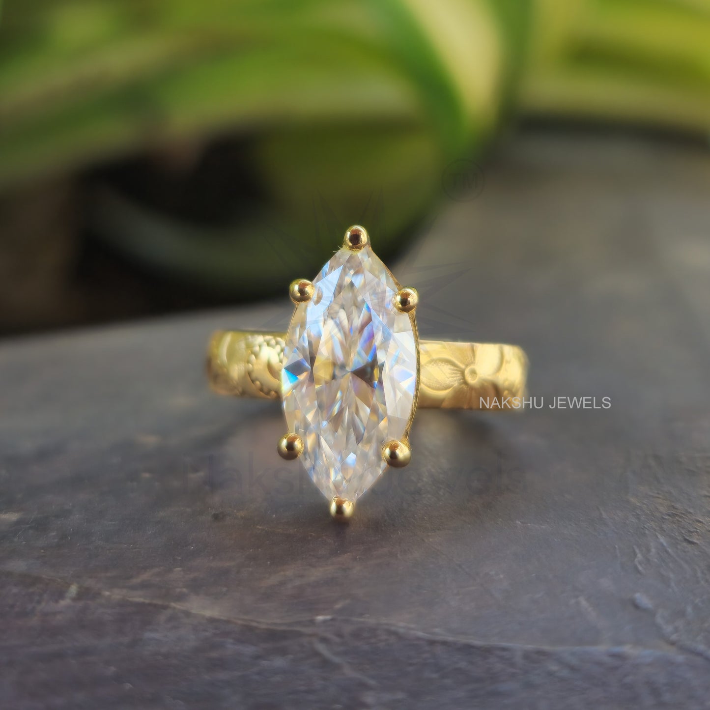 Vintage Marquise Cut Moissanite Solitaire Engagement Ring, Art Deco Set
