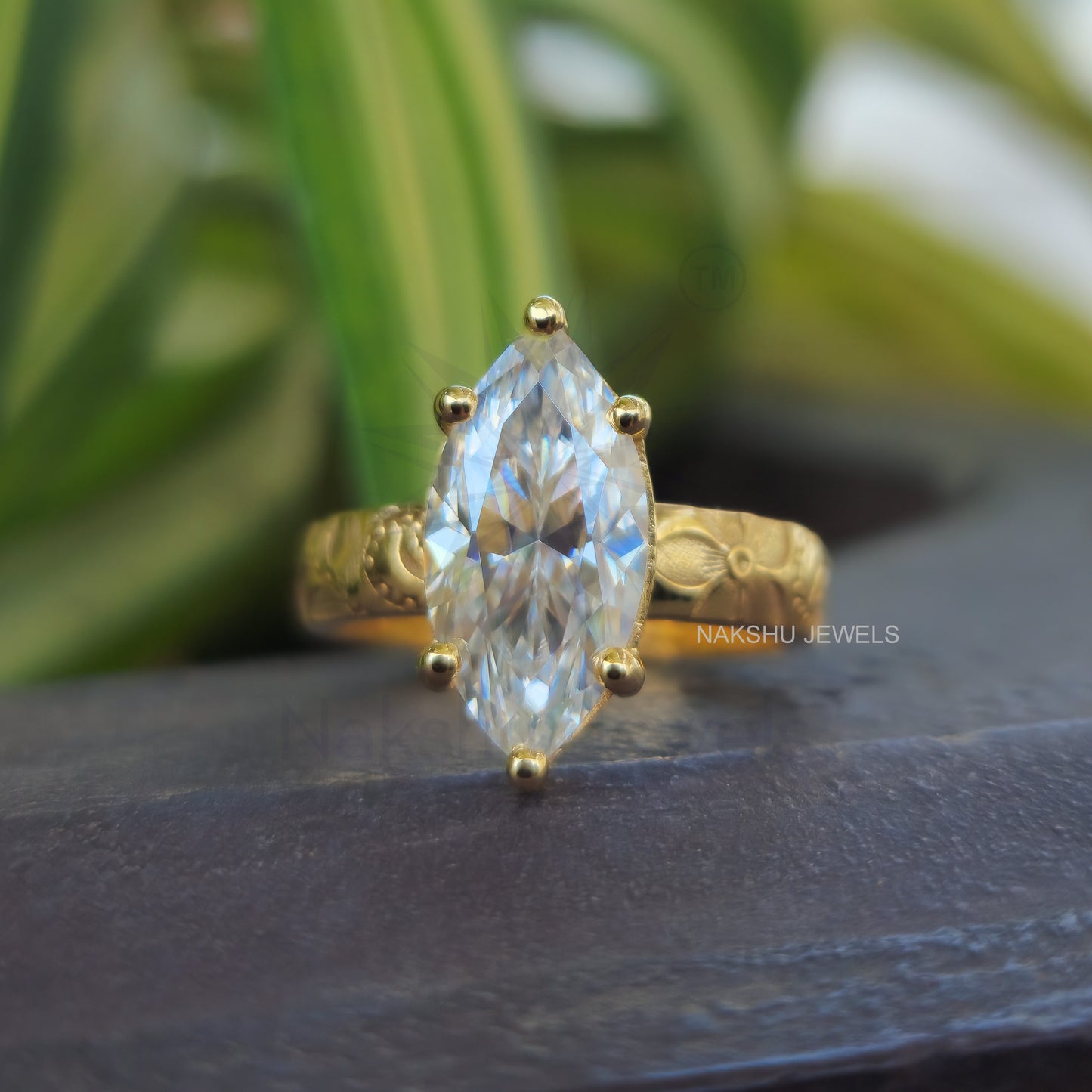 Vintage Marquise Cut Moissanite Solitaire Engagement Ring, Art Deco Set