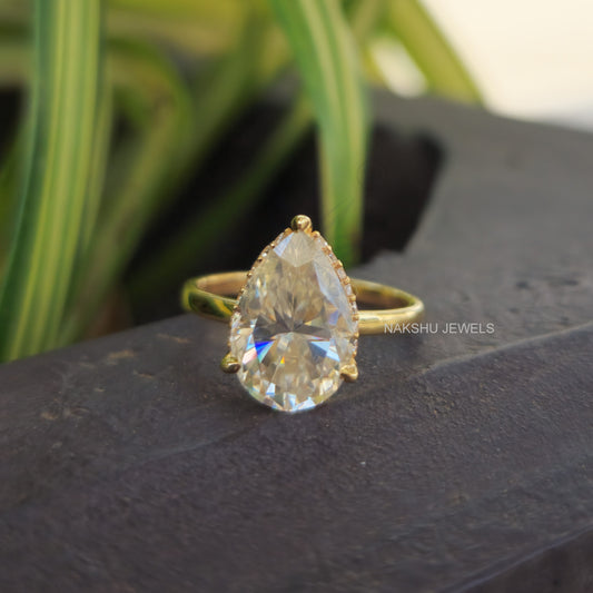 Hidden Halo Moissanite Engagement Ring - 3CT Pear Cut Yellow Gold Solitaire Ring