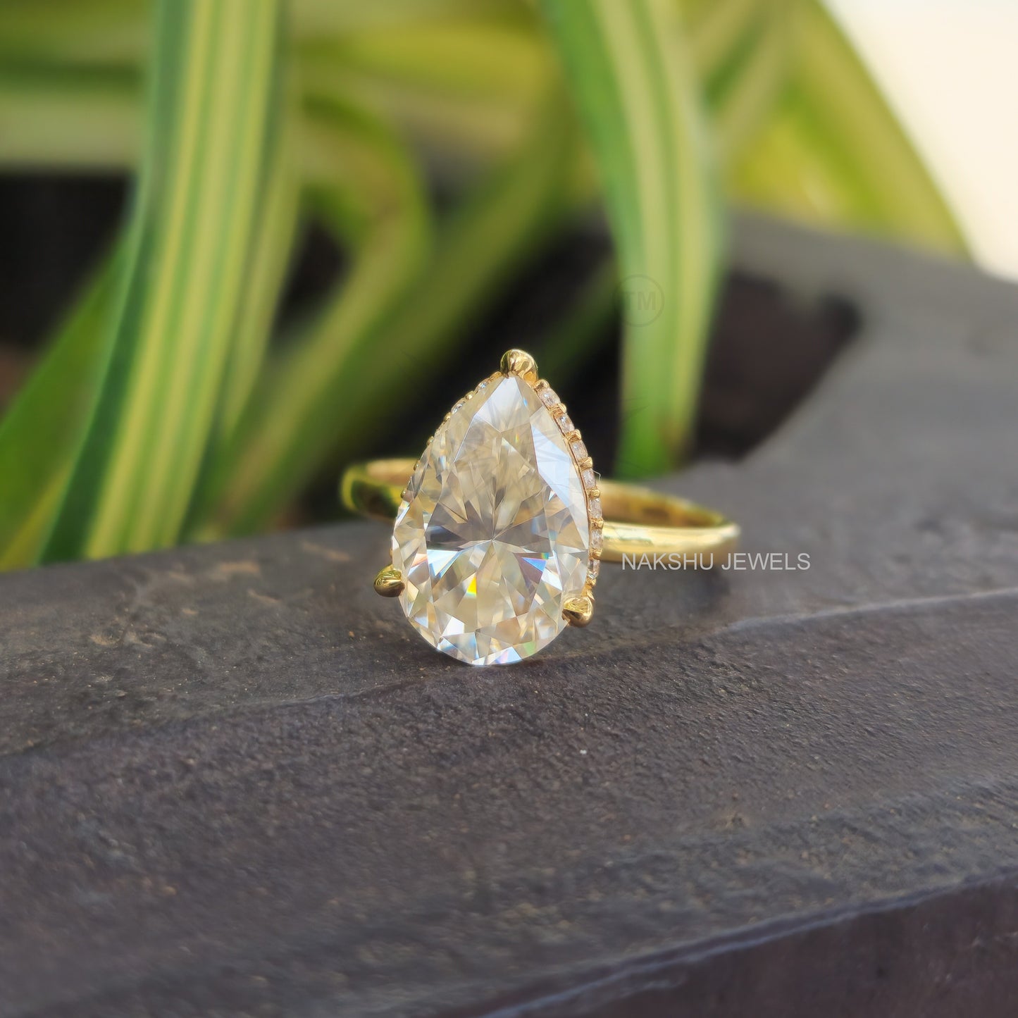 Pear Cut Hidden Halo Moissanite Solitaire Engagement Ring