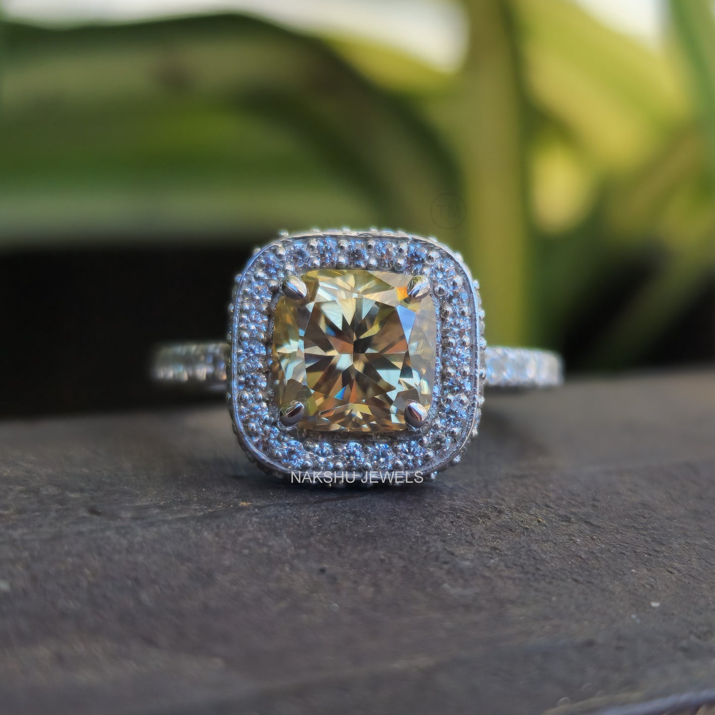 Elegant Canary Yellow Cushion Cut Moissanite Halo Pave Set Engagement Ring