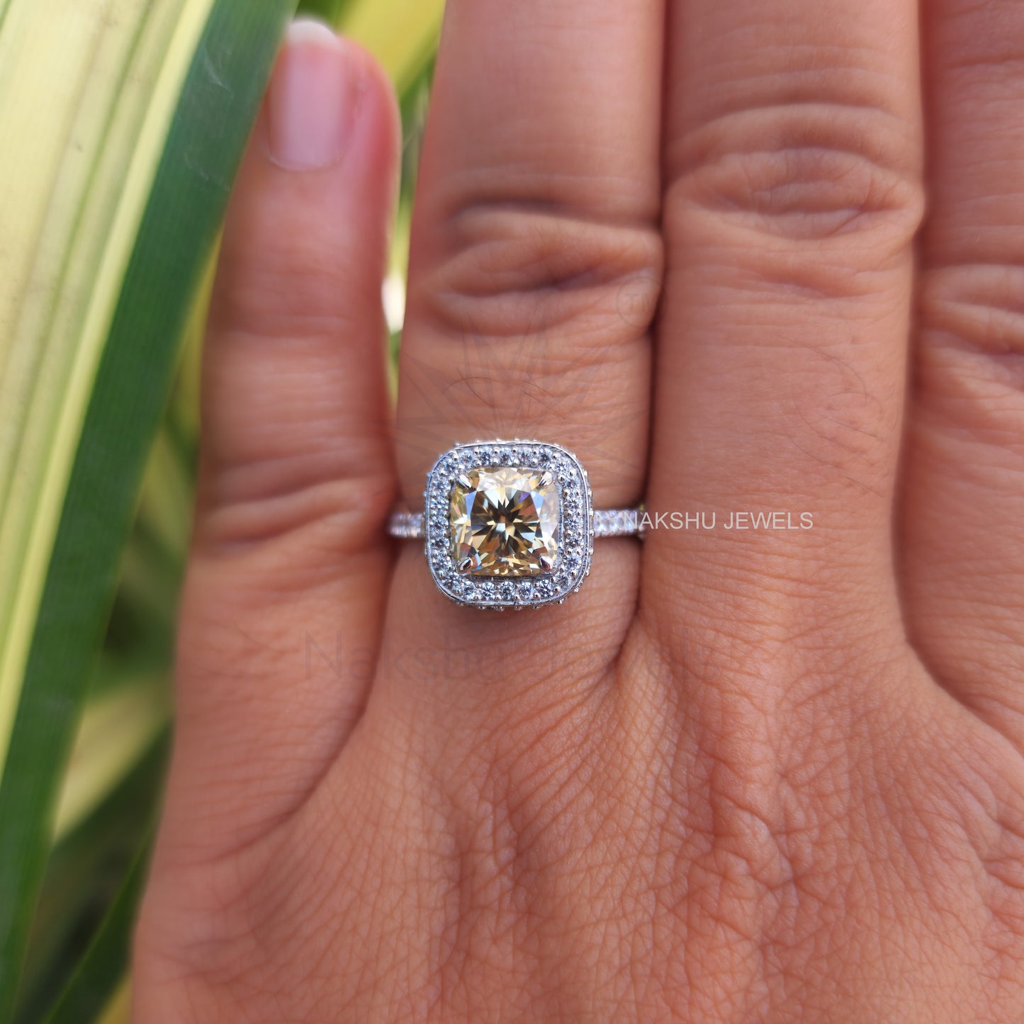 Elegant Canary Yellow Cushion Cut Moissanite Halo Pave Set Engagement Ring