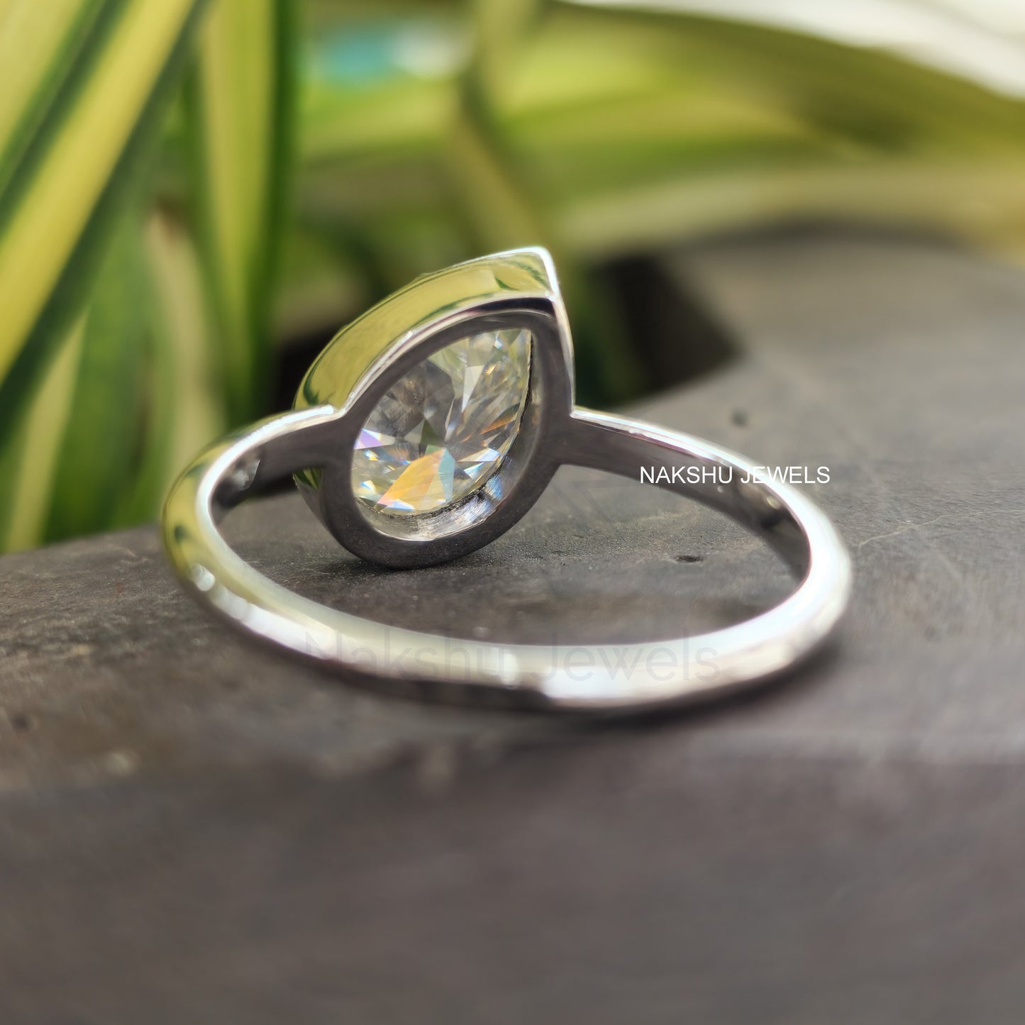 Pear Cut Moissanite Bezel Set Solitaire Engagement Ring