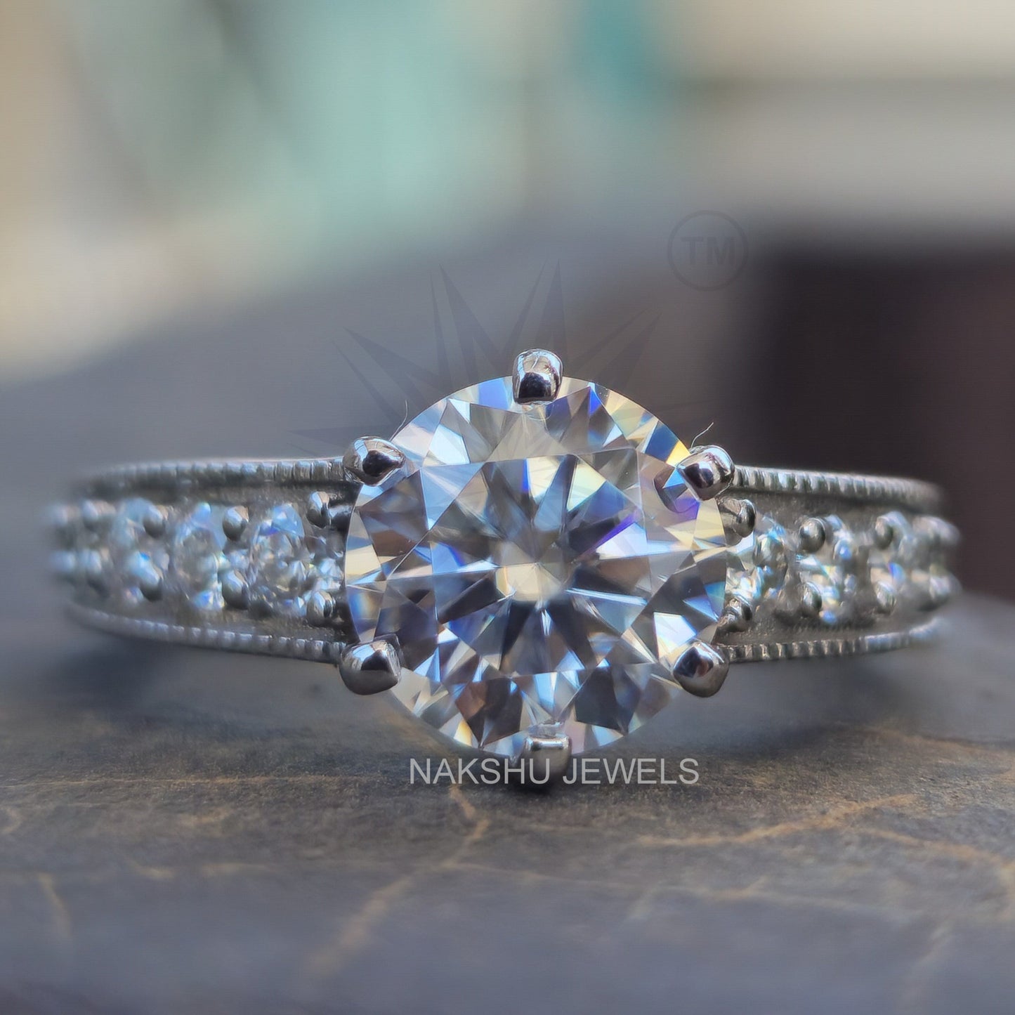 Brilliant Round Moissanite Milgrain Bridal Set