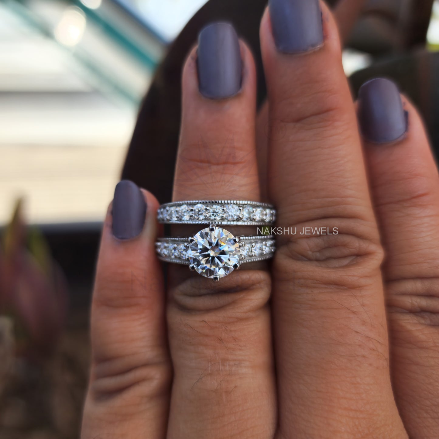 Brilliant Round Moissanite Milgrain Bridal Set
