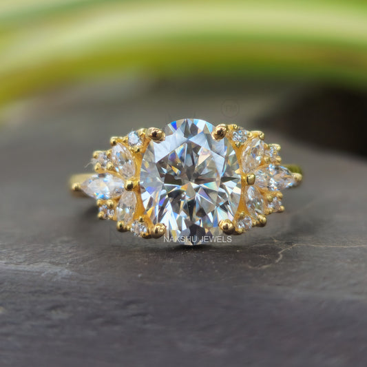 2CT Oval Cut Yellow Gold Moissanite Cluster Engagement Ring For Women