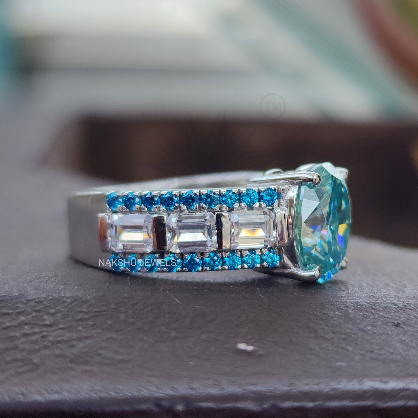 Cyan Blue Oval & Emerald Cut Moissanite Pave Engagement Ring