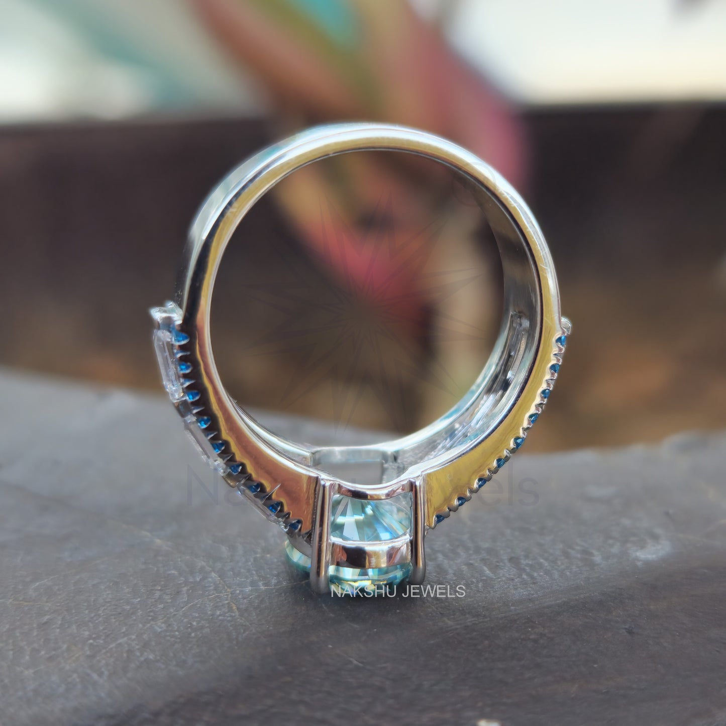 Cyan Blue Oval & Emerald Cut Moissanite Pave Engagement Ring