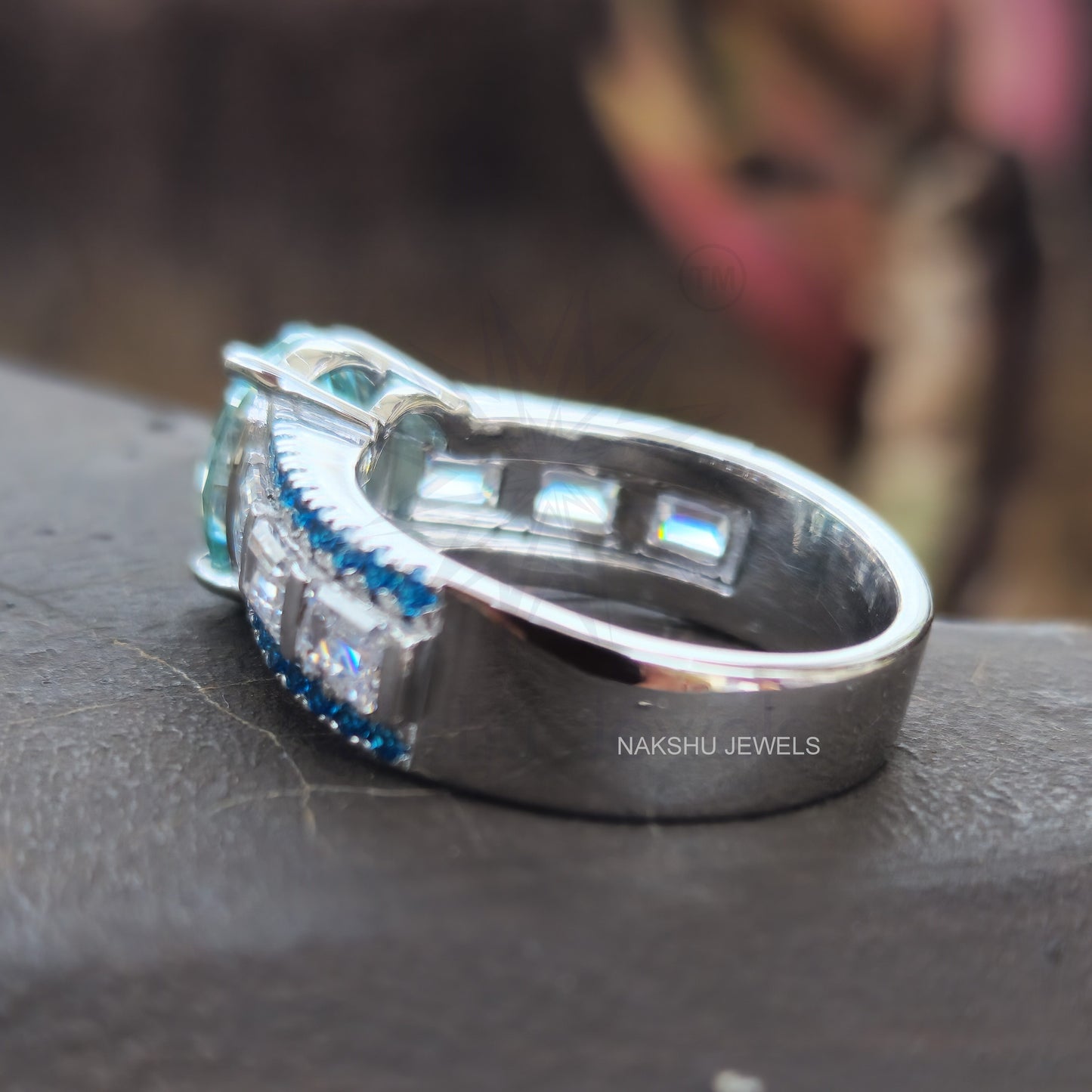 Cyan Blue Oval & Emerald Cut Moissanite Pave Engagement Ring