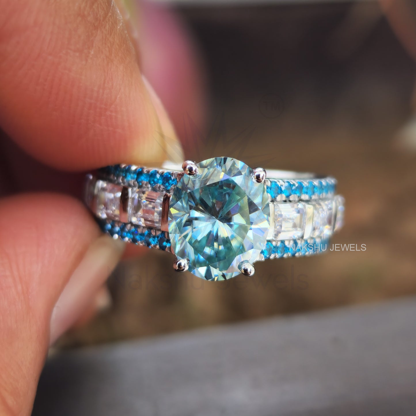 Cyan Blue Oval & Emerald Cut Moissanite Pave Engagement Ring