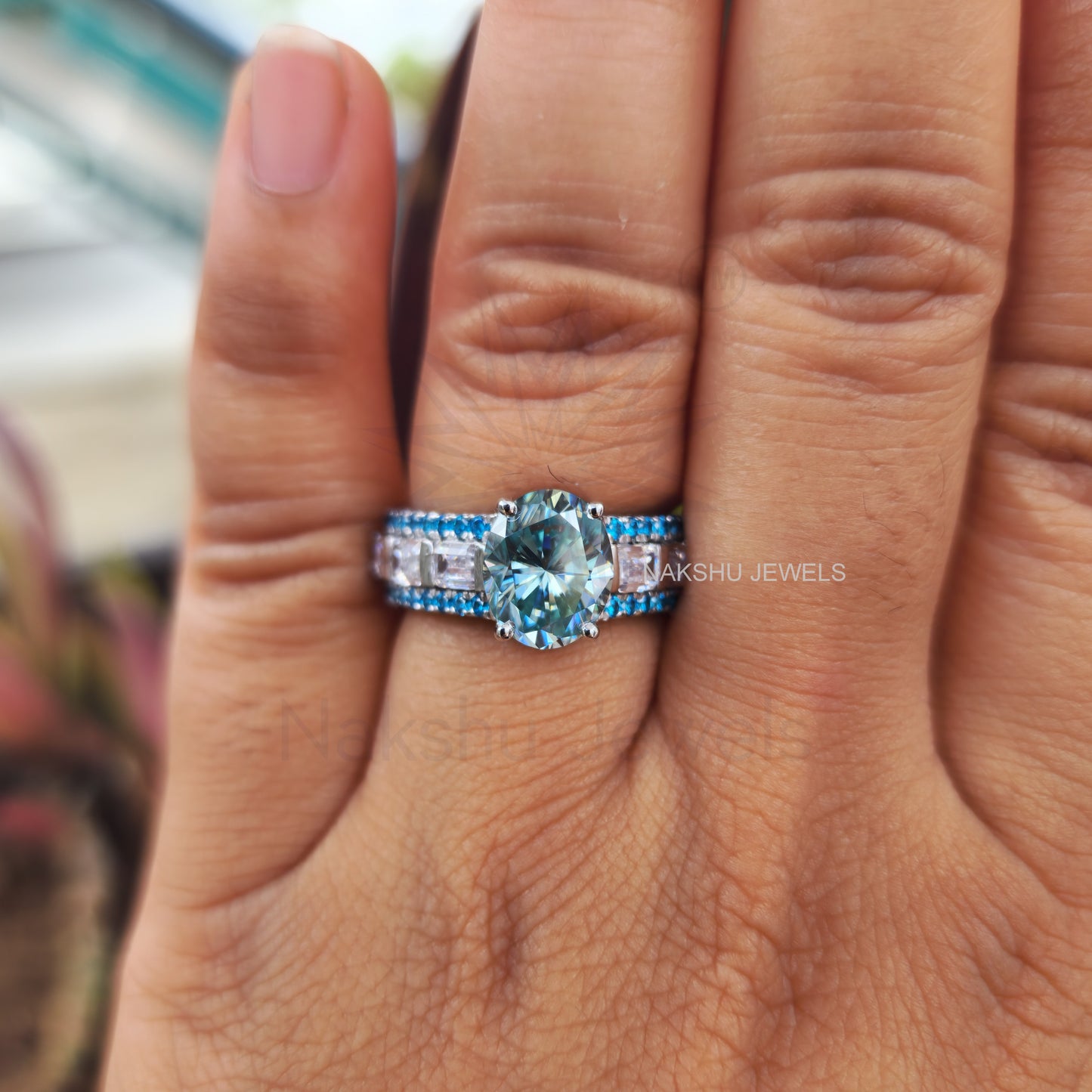 Cyan Blue Oval & Emerald Cut Moissanite Pave Engagement Ring