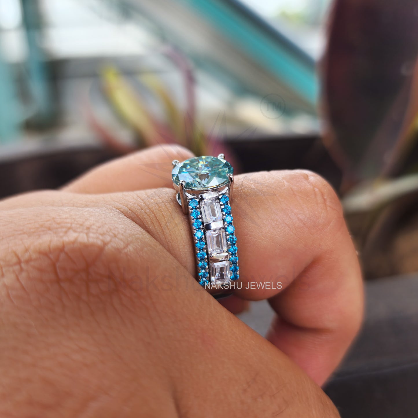 Cyan Blue Oval & Emerald Cut Moissanite Pave Engagement Ring