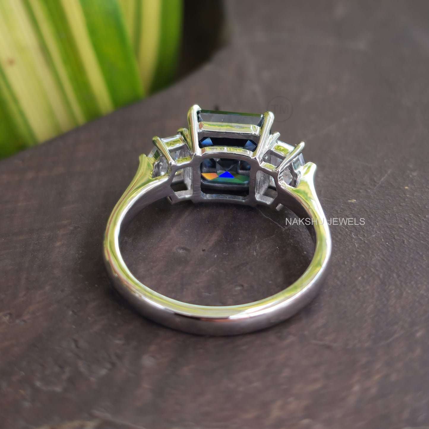 Blue Asscher Cut Moissanite With Side Cadillac 3 Stone Engagement Ring