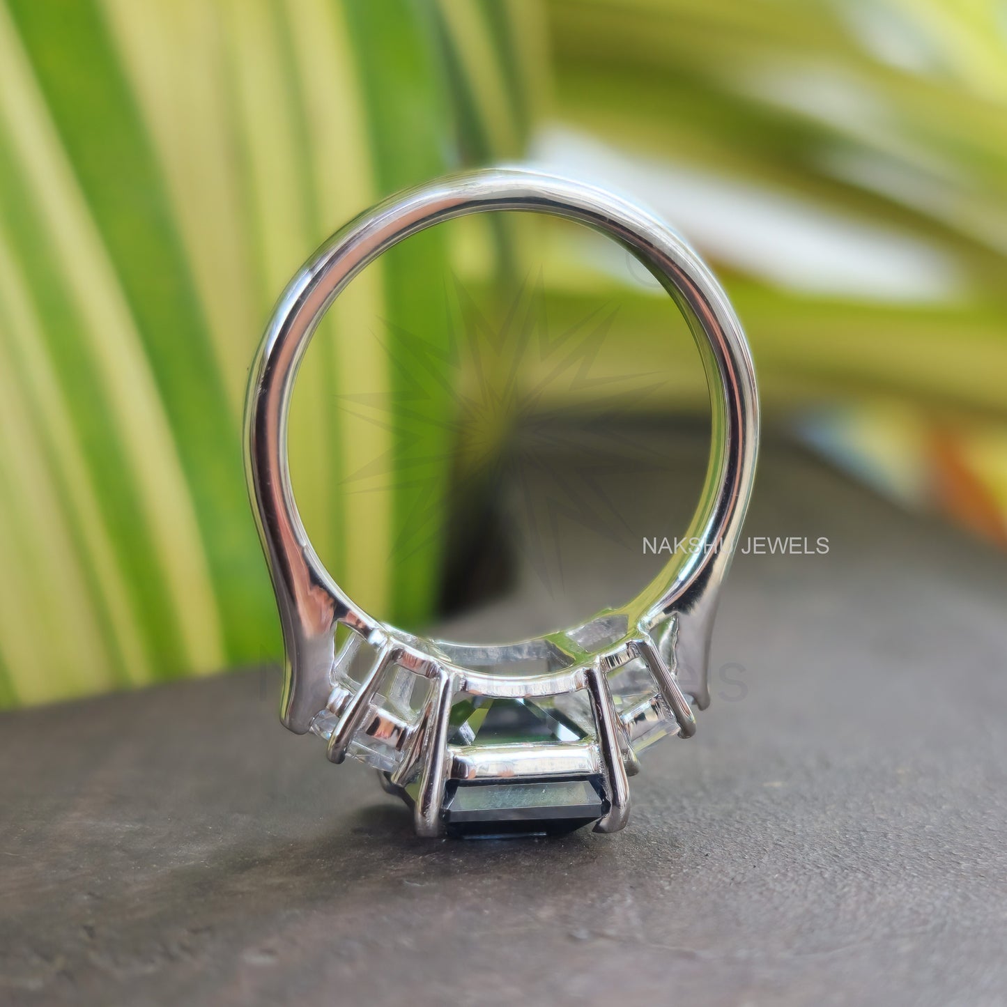 Blue Asscher Cut Moissanite With Side Cadillac 3 Stone Engagement Ring