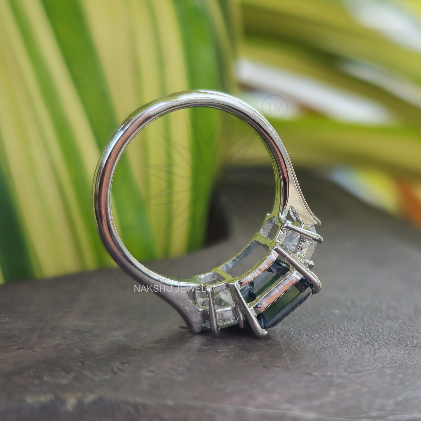 Blue Asscher Cut Moissanite With Side Cadillac 3 Stone Engagement Ring