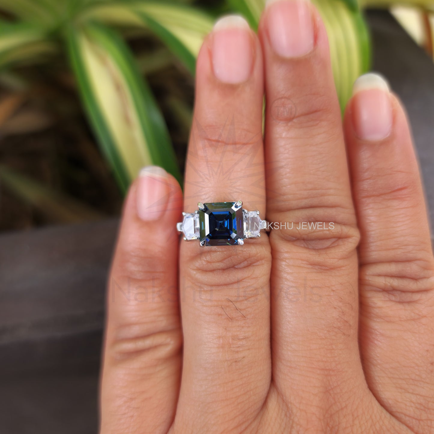 Blue Asscher Cut Moissanite With Side Cadillac 3 Stone Engagement Ring