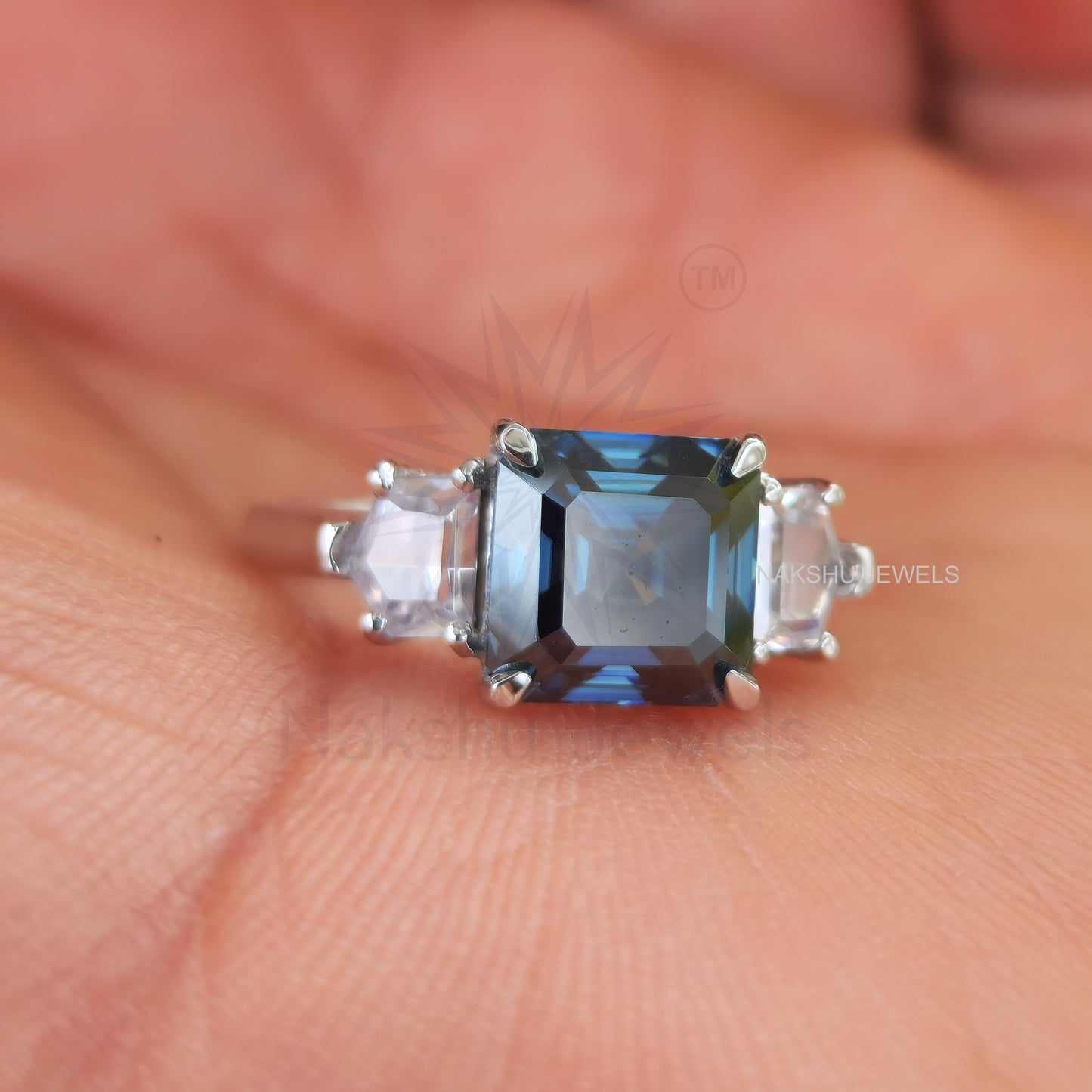 Blue Asscher Cut Moissanite With Side Cadillac 3 Stone Engagement Ring