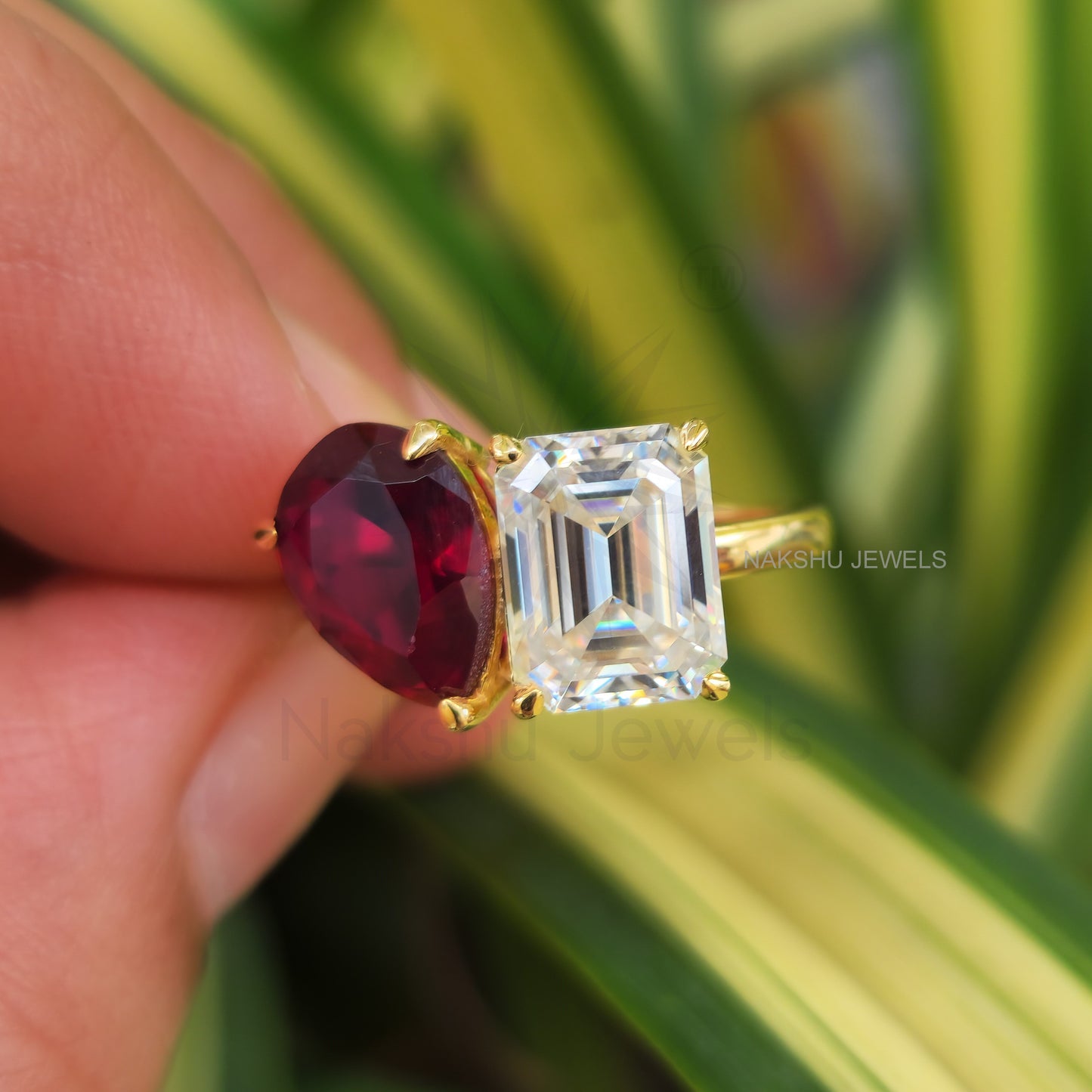Emerald and Pear Cut Moissanite Two Stone Engagement Ring