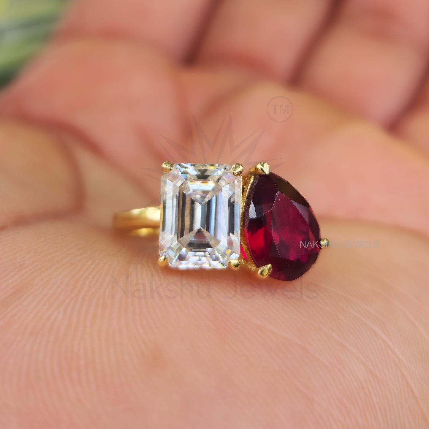 Emerald and Pear Cut Moissanite Two Stone Engagement Ring