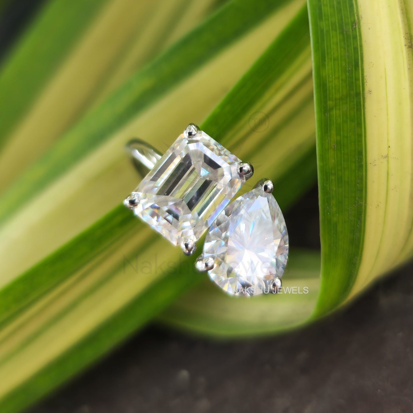 Toi Et Moi Emerald and Pear Cut Two Stone Moissanite Engagement Ring